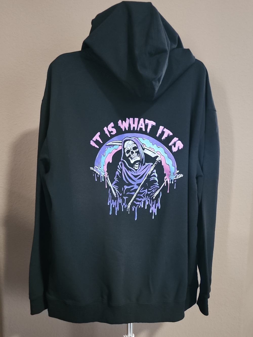 Men's Black Pull-Over Hoodie with Pastel Grim Reaper Graphic